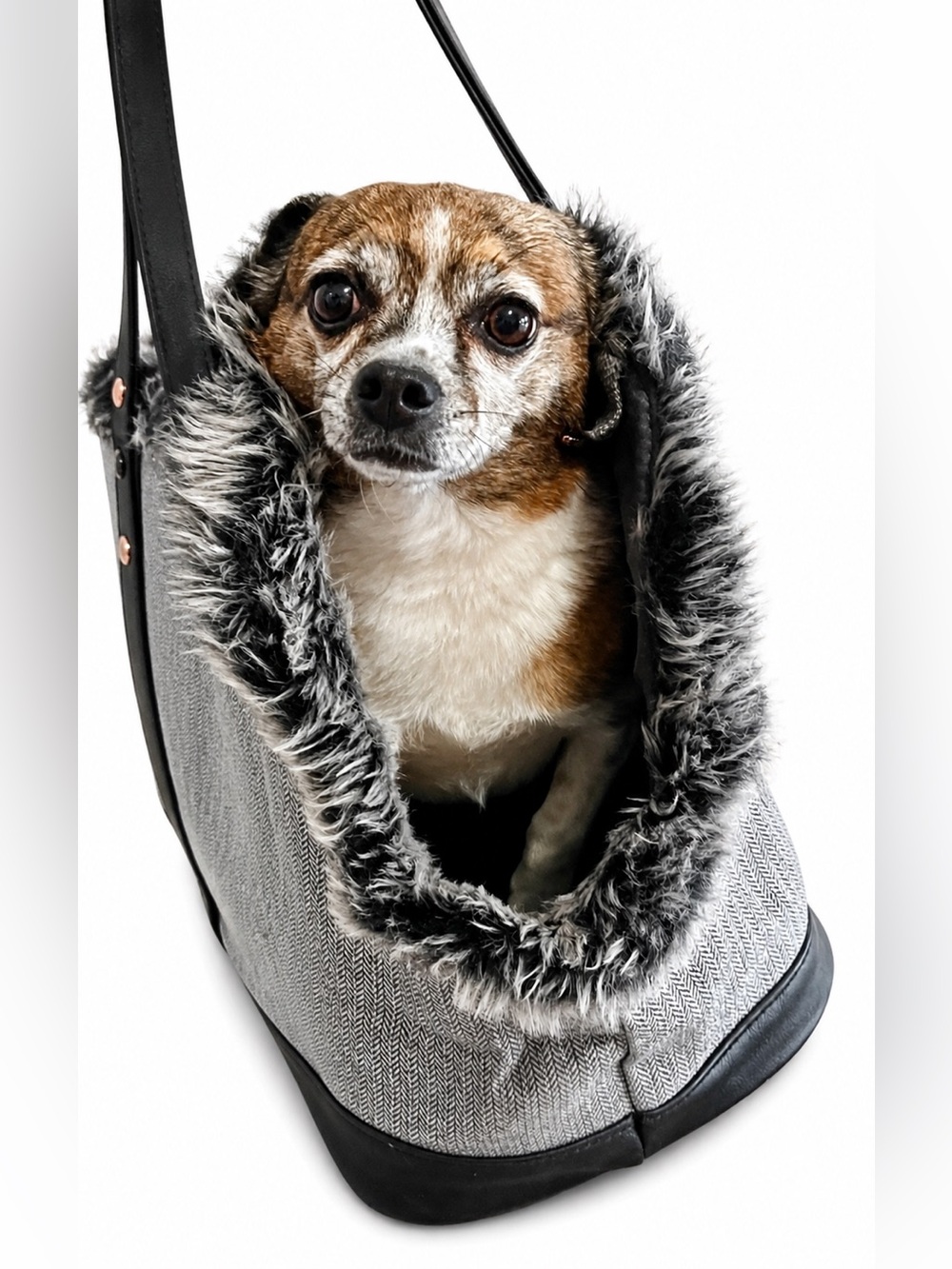 Modern Luxe Collection Fur Lined Pet Carrier Bag with Handles and Mesh Zip-to - Picture 3 of 8